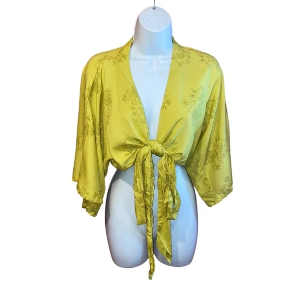 Zapelle Custom Rayon Yellow Floral Tie Front Crop Cropped Top - S/M?Bust 36” - Picture 3 of 11